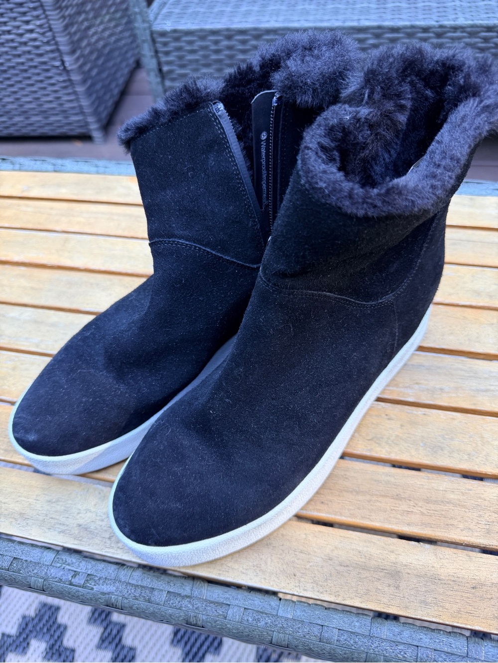 Blondo Black Suede Faux-Fur Wedge Ankle Boots